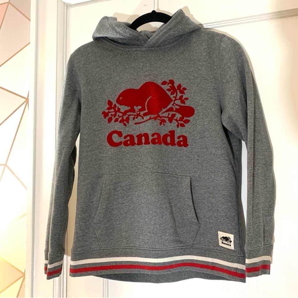 Roots Hoodie with Red Velvet Logo Canada Classic Stripe Grey Youth xxl 13 - 14